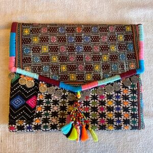 Vintage Multicolor Bohemian Clutch with Coins and Tassels